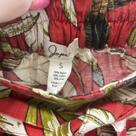 Japna Red with Tropical Leaf Print Wide Leg Tie Waist Ankle Pants Small - Picture 4 of 4